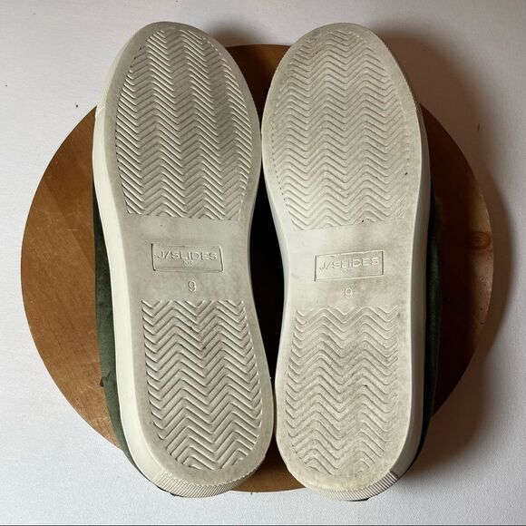 JSlides Olive green satiny Pom Pom slip ons - Picture 3 of 11